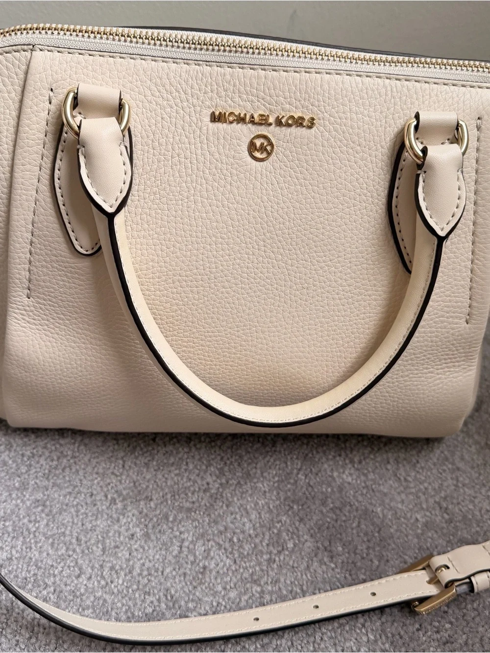 Michael Kors Beige Pebbled Leather Satchel with Gold Hardware